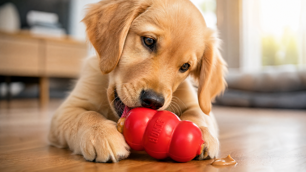 O comportamento do Golden Retriever jovem focado em brinquedo de enriquecimento ambiental
