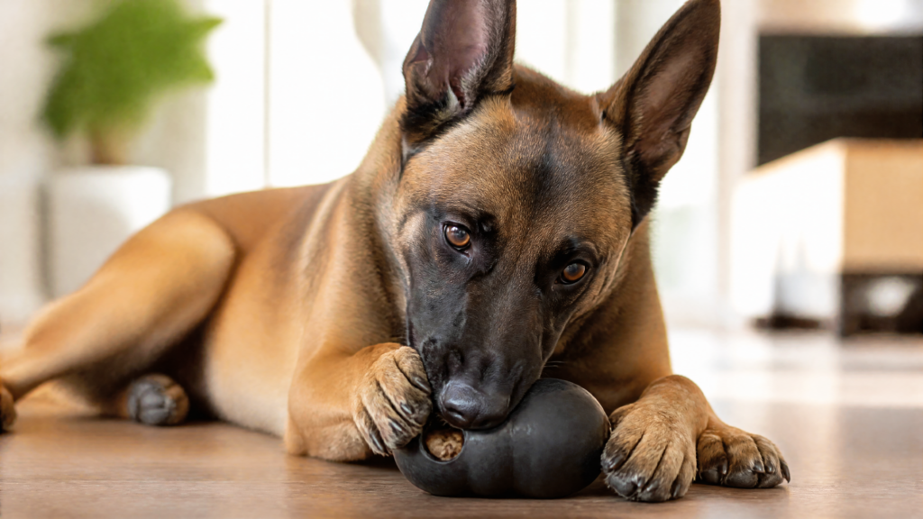 A close-up photo of a smart Belgian Malinois dog lying down calmly on a clean wooden floor inside a bright house. The dog is interacting with a durable rubber dog toy filled with food, using its paws and looking focused yet relaxed. The lighting is clean, bright, and cheerful, creating a warm atmosphere. The background of the room is out of focus to capture the peaceful and satisfied expression of the dog during play. 16:9 aspect ratio.