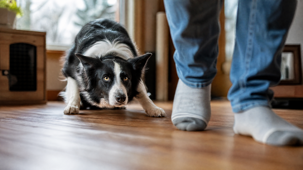 Dono caminhando em casa enquanto o instinto de pastoreio do Border Collie é ativado