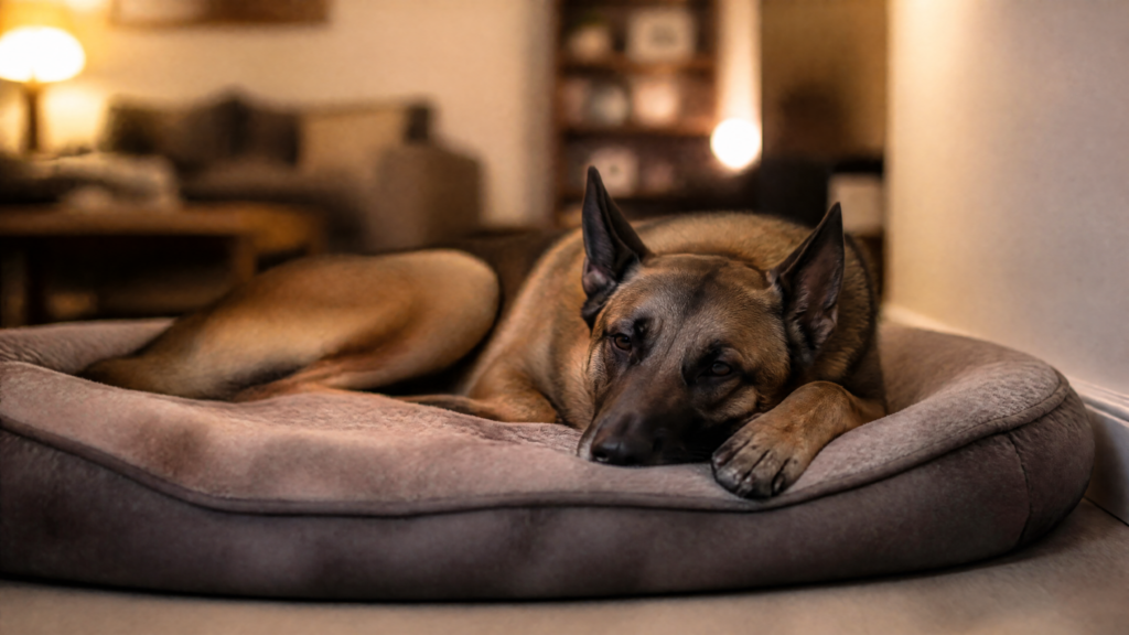 A peaceful and realistic photo of a handsome Belgian Malinois dog resting comfortably on a soft, plush dog bed in the corner of a cozy living room. The dog has its head resting on its paws, looking sleepy, calm, and completely relaxed. The environment has gentle, warm, and inviting ambient lighting. The rest of the modern room is softly blurred in the background, emphasizing a serene and quiet moment of rest. 16:9 aspect ratio.
