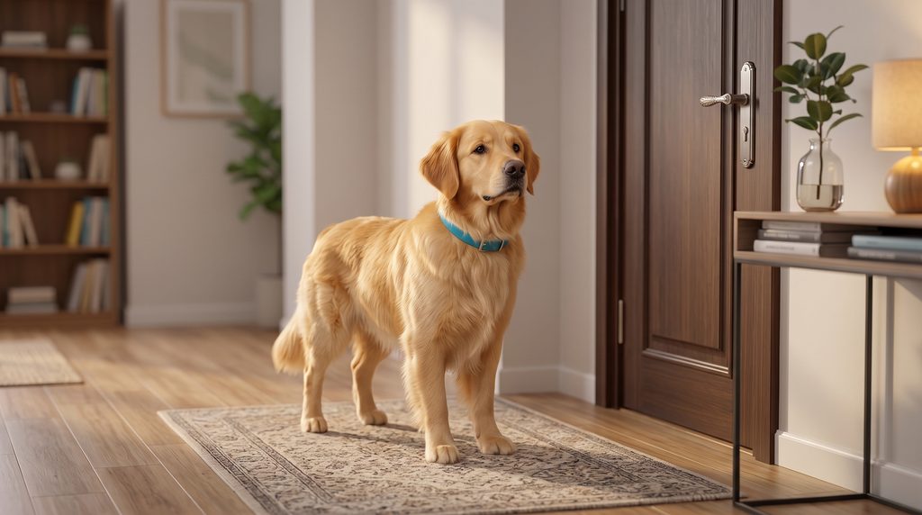 Cão olhando triste para a porta de entrada esperando o tutor voltar