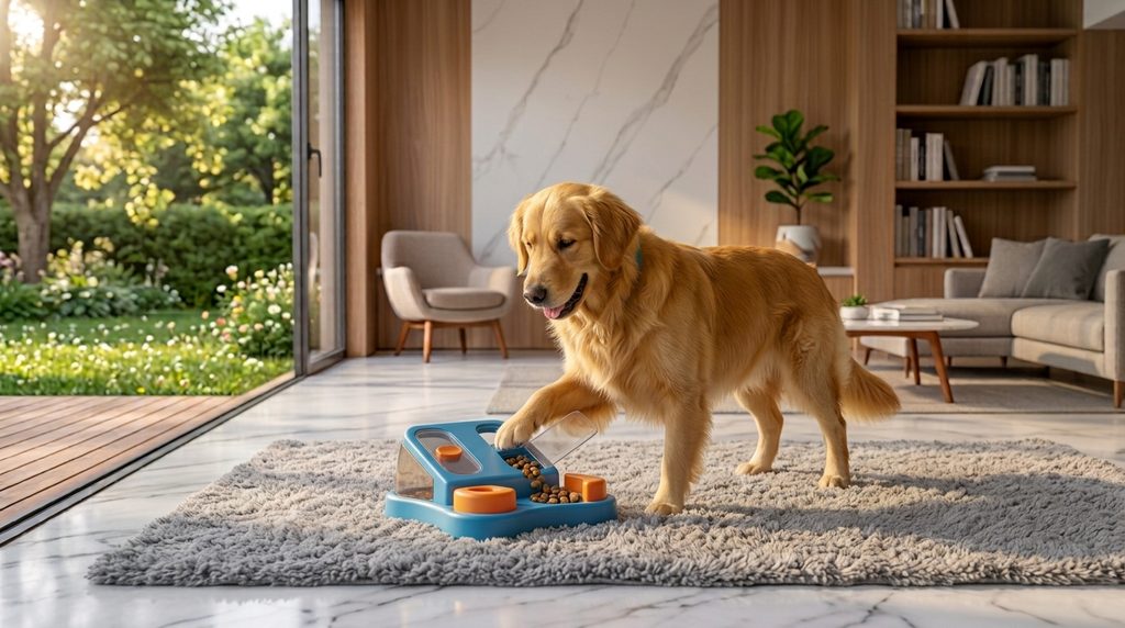 Cão entretido com brinquedo interativo de enriquecimento ambiental no chão