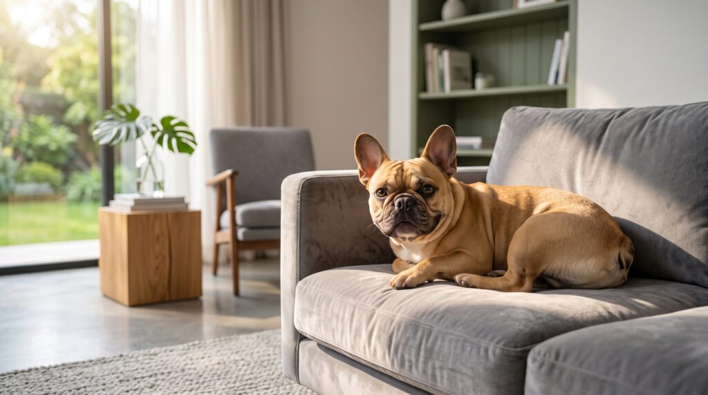 Buldogue Francês relaxado e saudável deitado no sofá da sala após rotina de higiene
