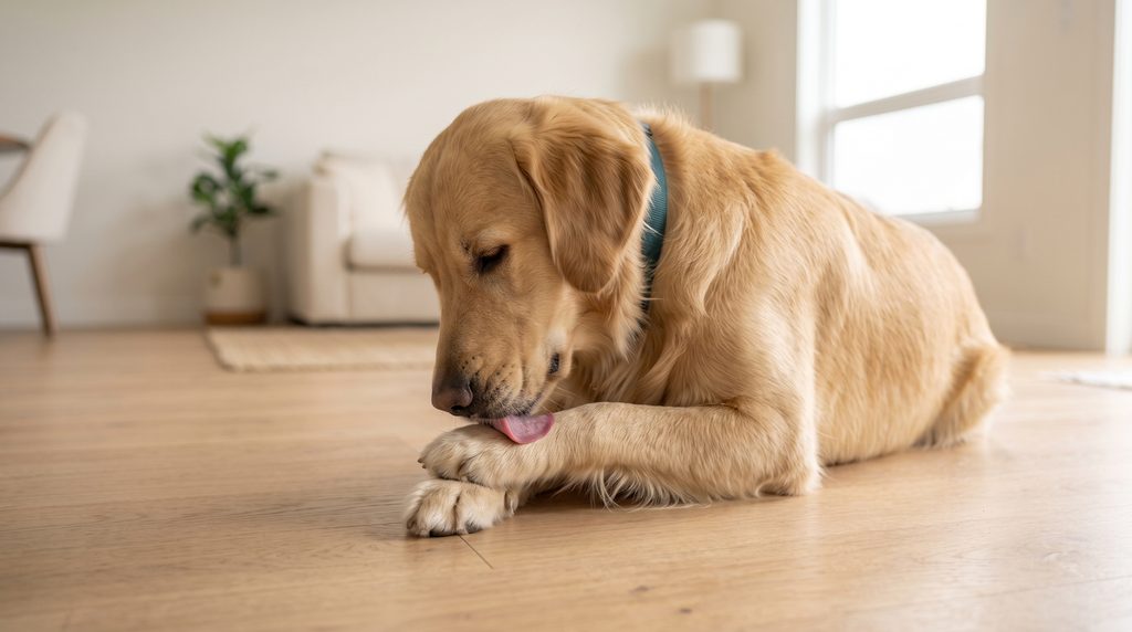 Cachorro lambendo a pata deitado no chão da sala de estar