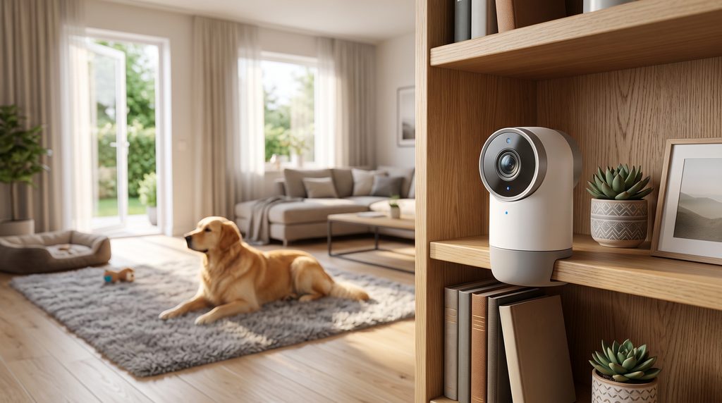 Câmera pet inteligente Wi-Fi 360 graus branca posicionada em uma prateleira de sala para monitoramento de ansiedade de separação em cães.