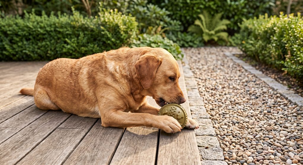 Cão calmo deitado em deck de madeira mastigando um brinquedo interativo recheável