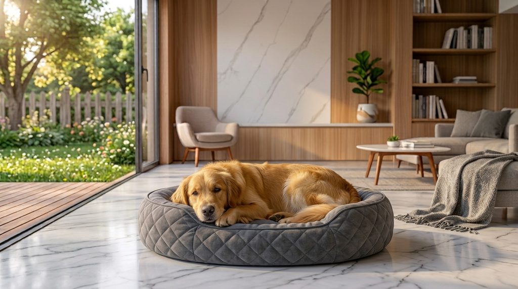 Cão calmo e relaxado descansando em sua cama pet em ambiente seguro