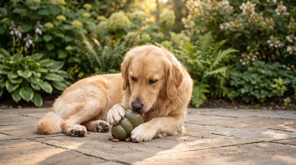 Cachorro relaxado deitado no pátio com patas saudáveis usando brinquedo interativo de mastigação