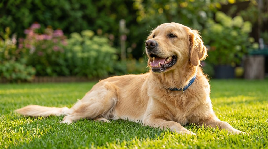 Cachorro feliz no gramado com sorriso saudável e dentes livres de tártaro em cães
