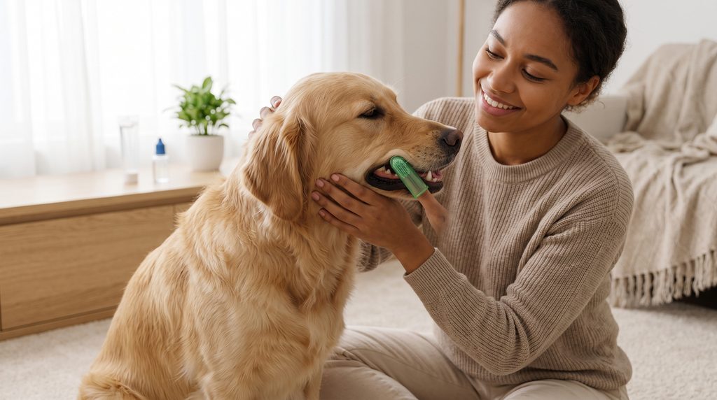 Tutor limpando a gengiva de um cão com dedeira para remoção de placa bacteriana e tártaro em cães