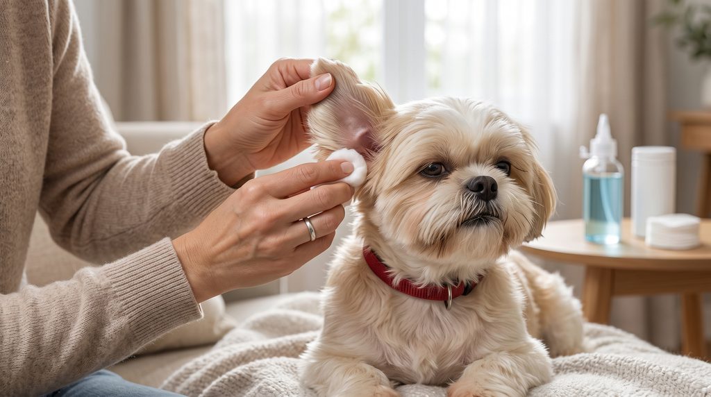 Tutor realizando a limpeza correta do canal auditivo para prevenção de otite em Shih Tzu