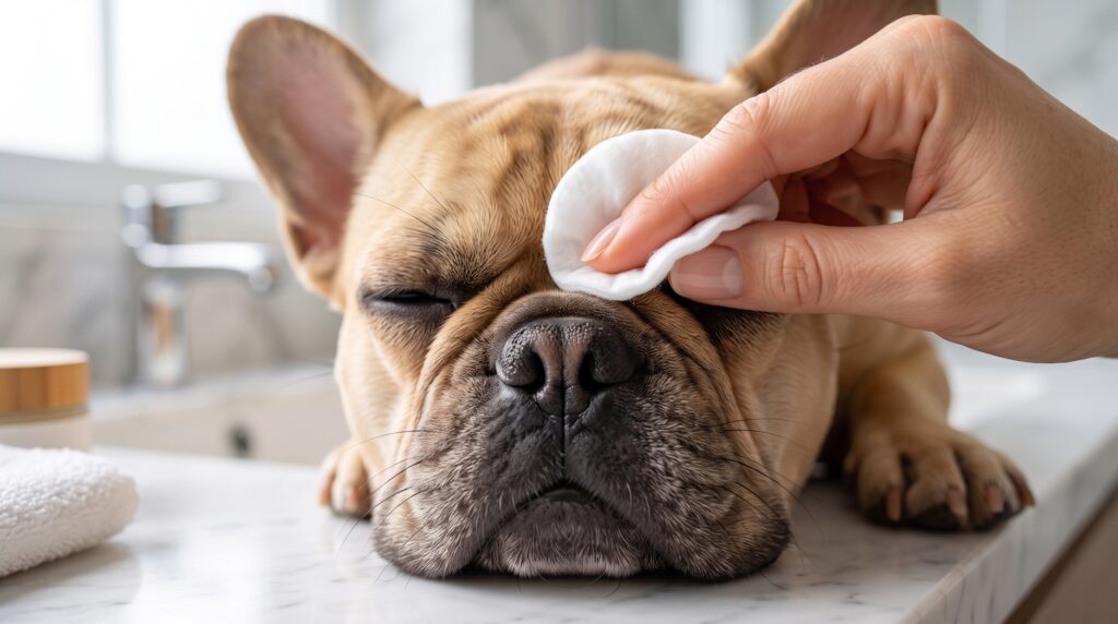 Mão humana fazendo a limpeza cuidadosa das rugas faciais de um Buldogue Francês com algodão