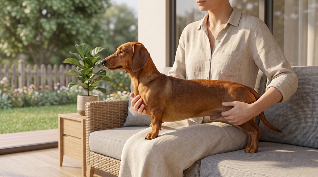  Pessoa segurando cão Dachshund horizontalmente com apoio total no peito e traseiro na varanda

