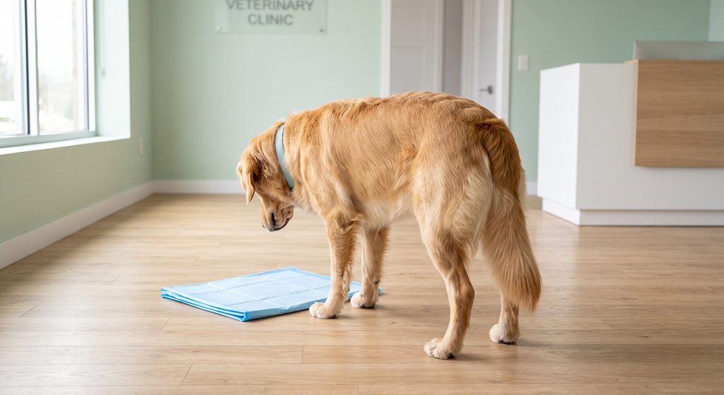 Cão curioso no chão de consultório veterinário moderno olhando para o tapete higiênico limpo