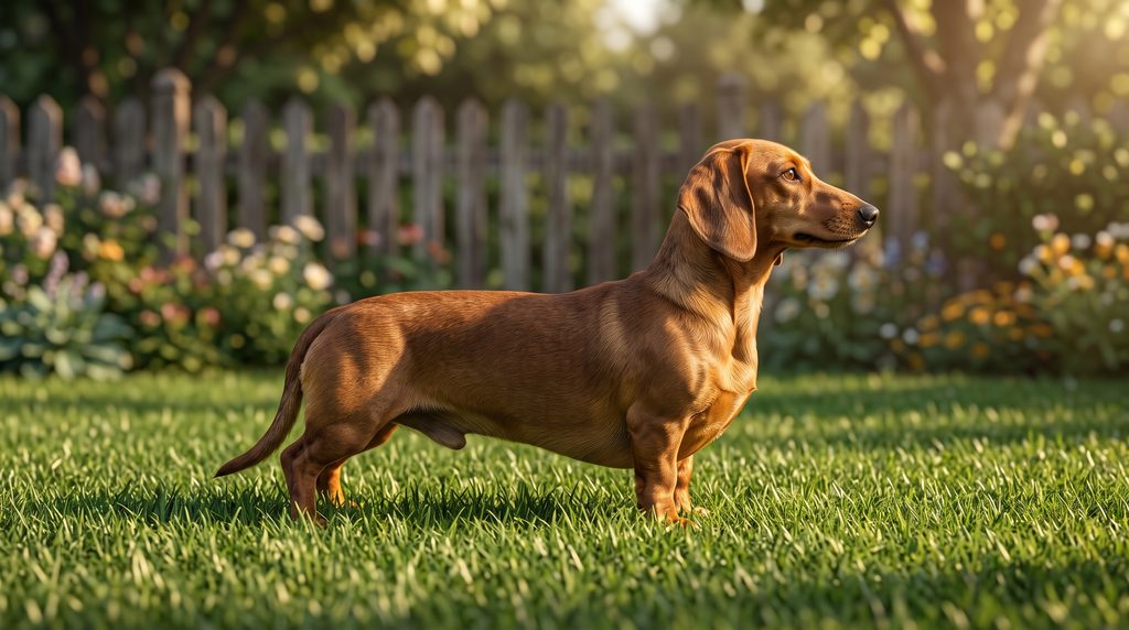 Dachshund marrom em pé de perfil no jardim gramado mostrando sua coluna alongada