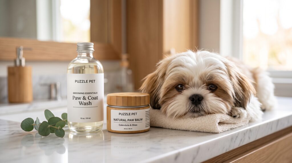 Produtos veterinários e balm de hidratação para tratamento de patas de cachorro em bancada