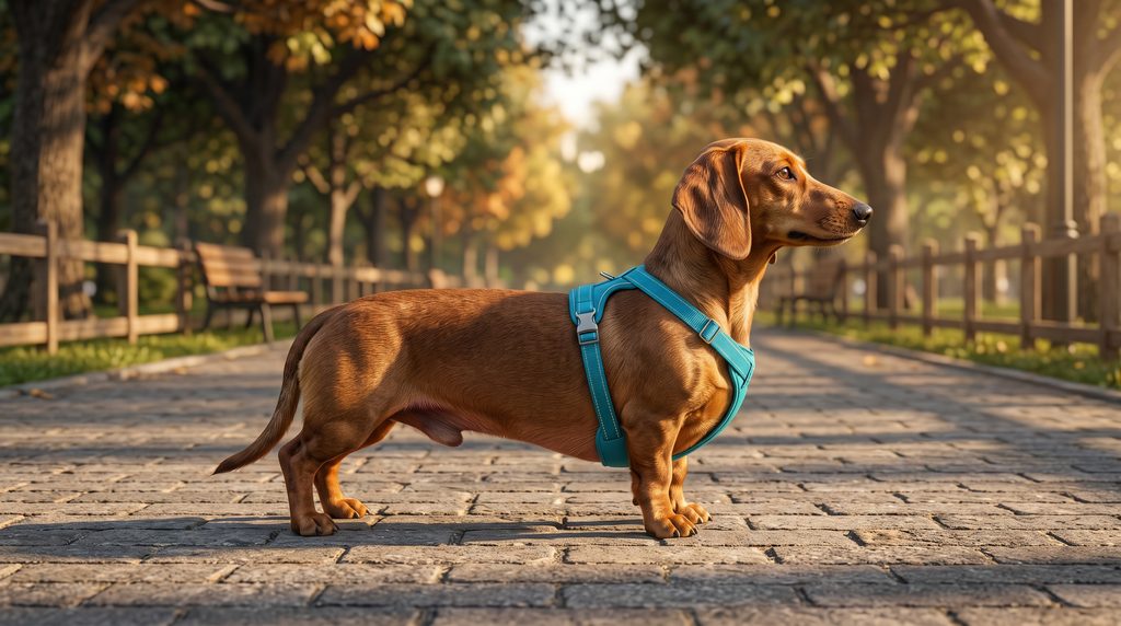 Dachshund marrom em pé caminhando em trilha de parque usando peitoral ergonômico