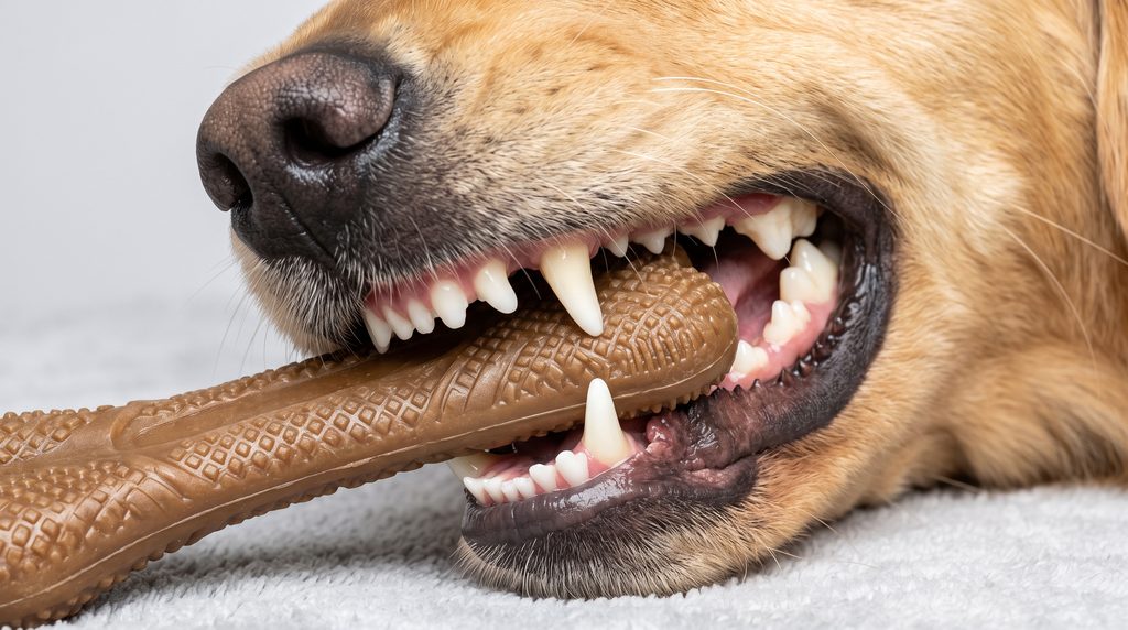 
Close-up de cão grande mordendo acessório de nylon seguro para dentes
