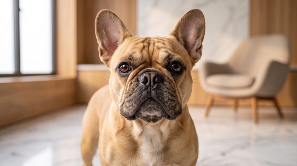 Buldogue Francês saudável olhando para a frente com foco nas dobrinhas do focinho bem cuidadas
