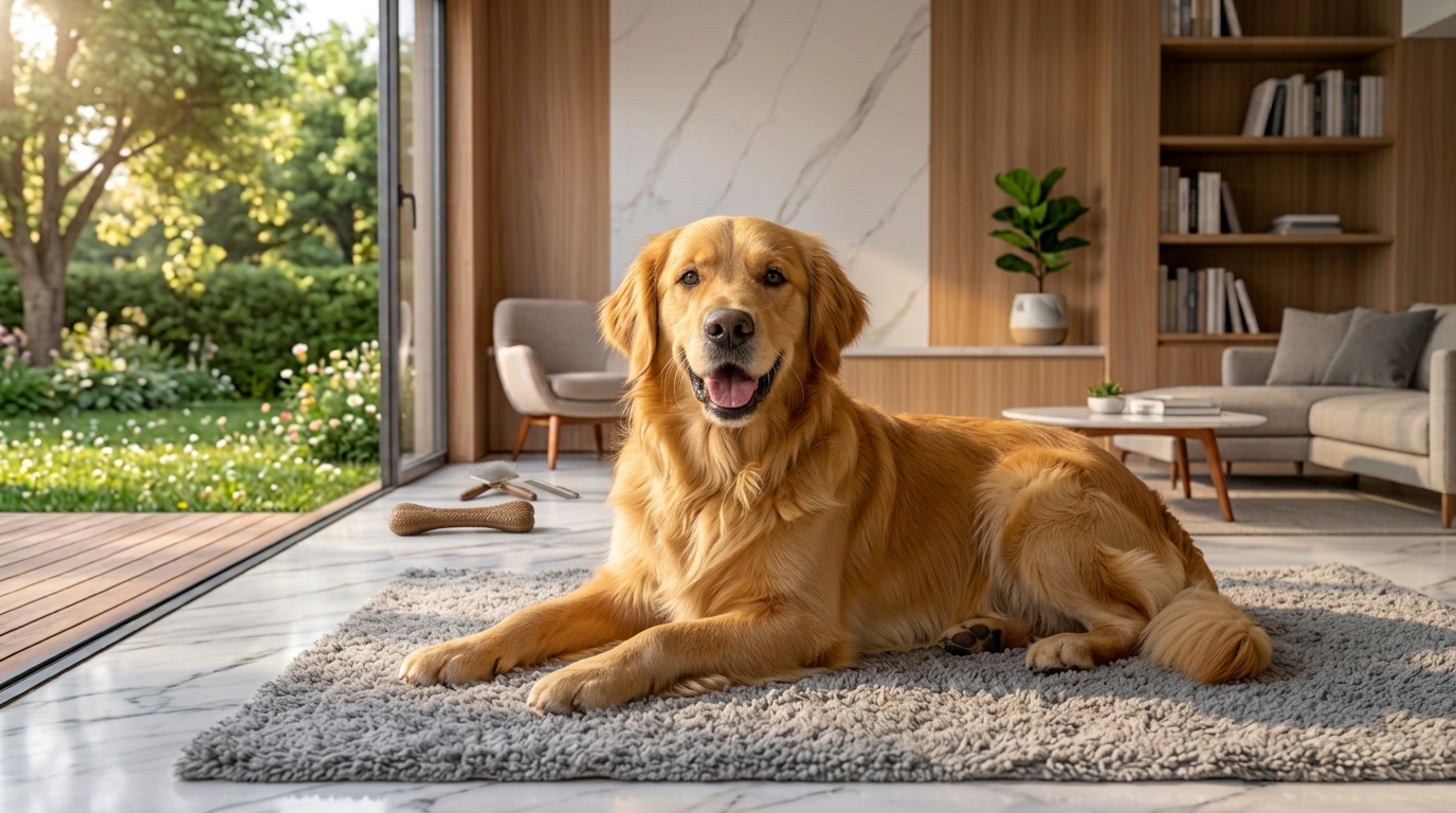 Golden Retriever calmo e descansando no tapete com comportamento equilibrado
