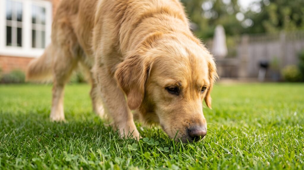 Golden Retriever cheirando o gramado do quintal investigando o chão
