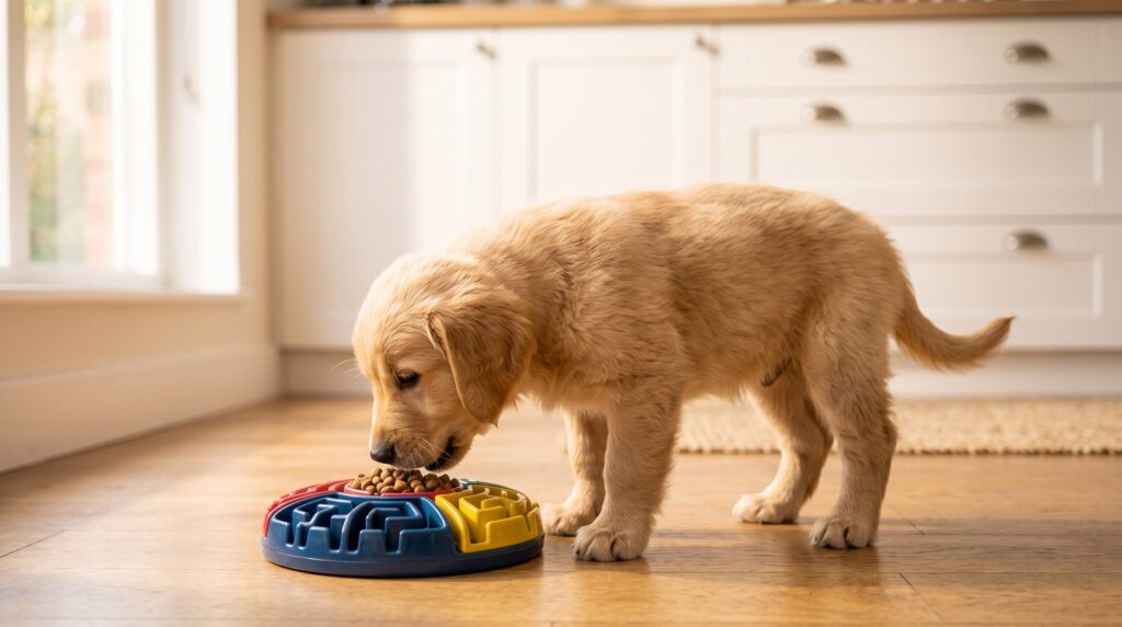 Filhote de Golden Retriever comendo ração seca no prato em piso de cozinha