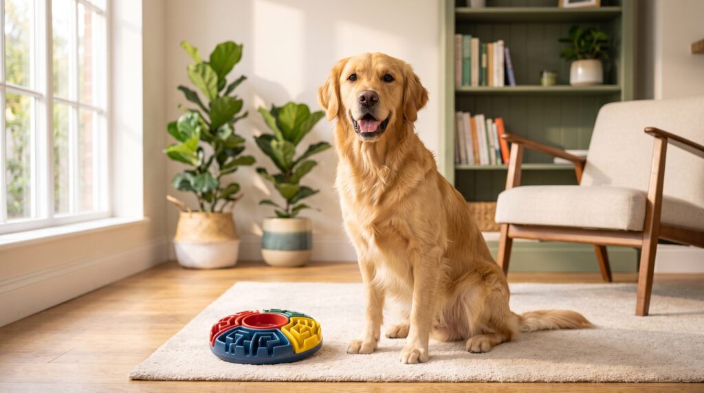 Professional studio lifestyle portrait of a happy healthy Golden Retriever sitting calmly in a bright sunny living room looking directly at the camera with a satisfied relaxed expression, clean cozy home environment, crisp sharp focus on eyes and shiny coat, photorealistic, 8k --ar 16:9