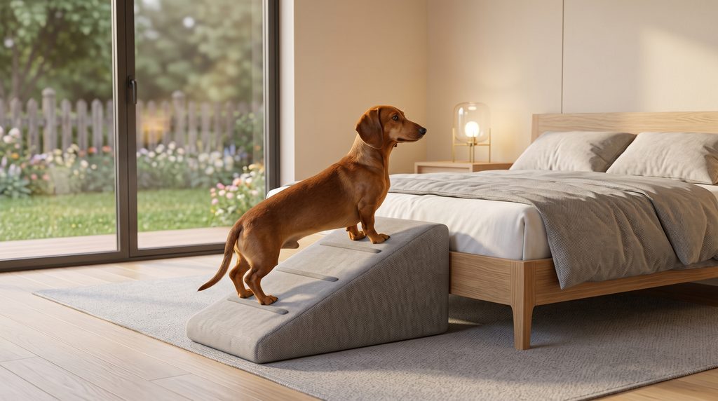  Cão Dachshund em pé subindo uma rampa suave para subir na cama

