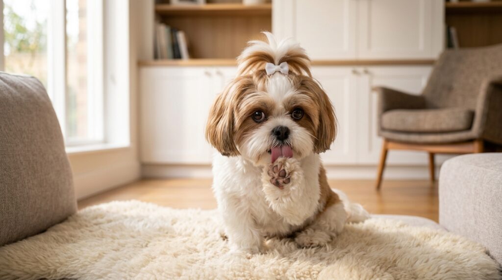 Shih Tzu sentado no tapete lambendo a pata dianteira ilustrando sintomas de pododermatite