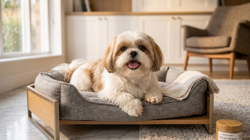 Shih Tzu peludo saudável e relaxado deitado em sua caminha após tratamento de pele