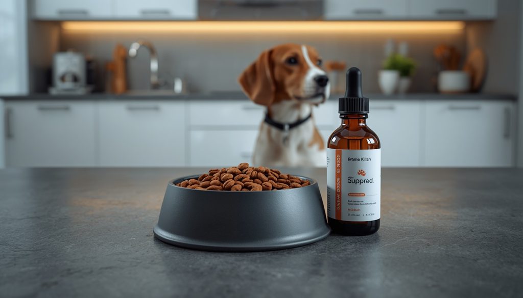 Tigela de cerâmica com ração canina saudável e suplemento pet sobre bancada de mármore