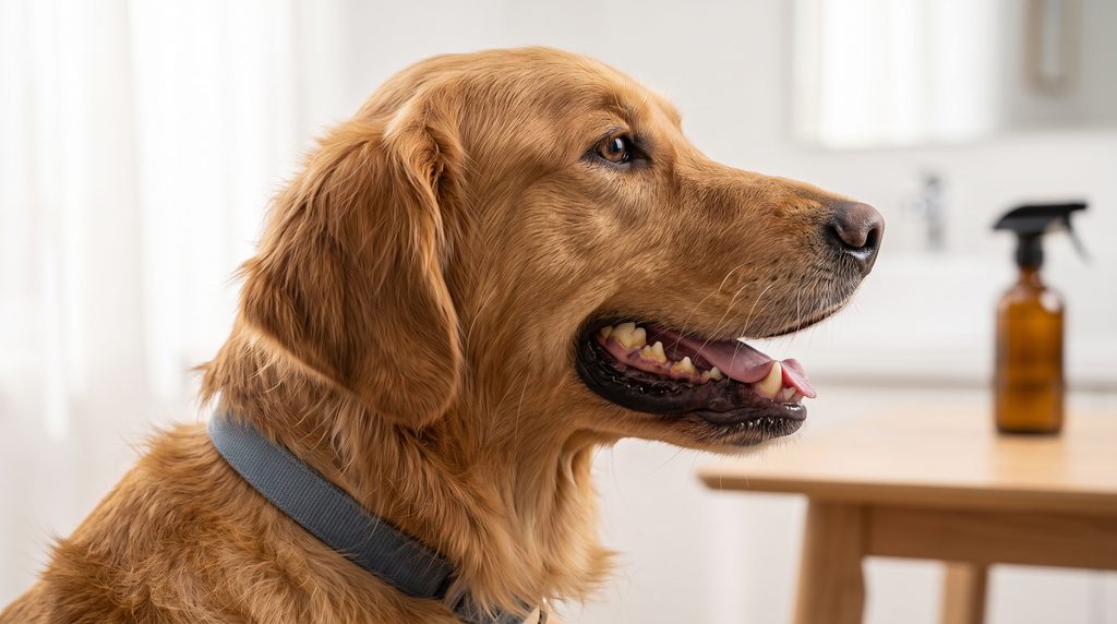Cachorro sentado de boca aberta com dentes amarelados demonstrando sinais de tártaro em cães