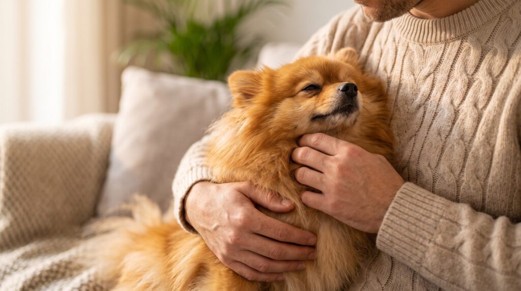 Tutor acalmando cão Spitz Alemão no colo durante crise de tosse de engasgo em Spitz Alemão