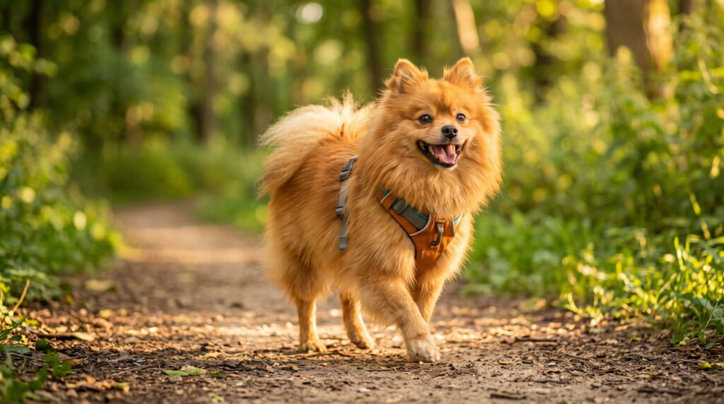 Spitz Alemão passeando seguro e saudável sem sofrer com tosse de engasgo em Spitz Alemão