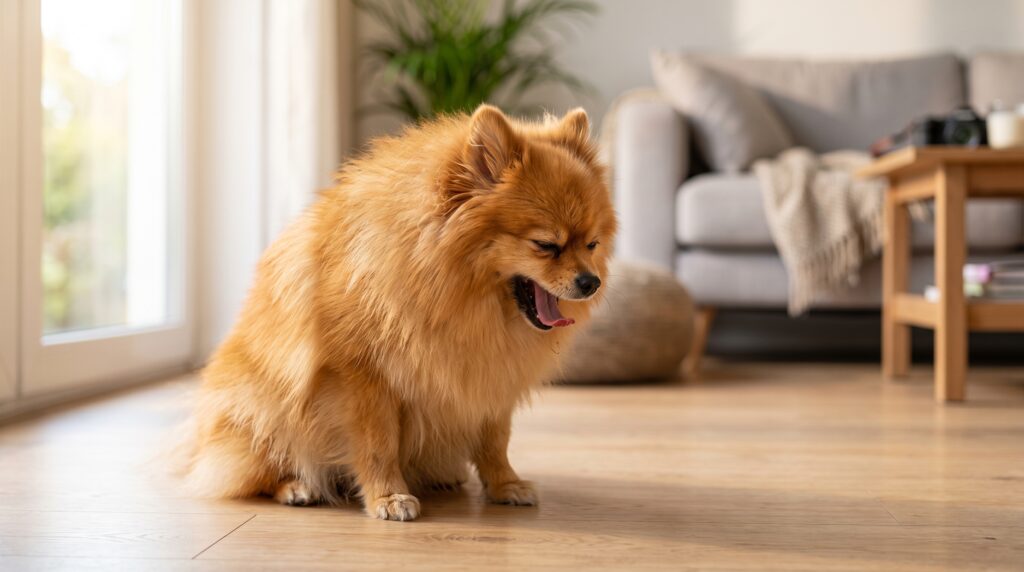 Cão Spitz Alemão esticando o pescoço com tosse de engasgo em Spitz Alemão durante crise respiratória